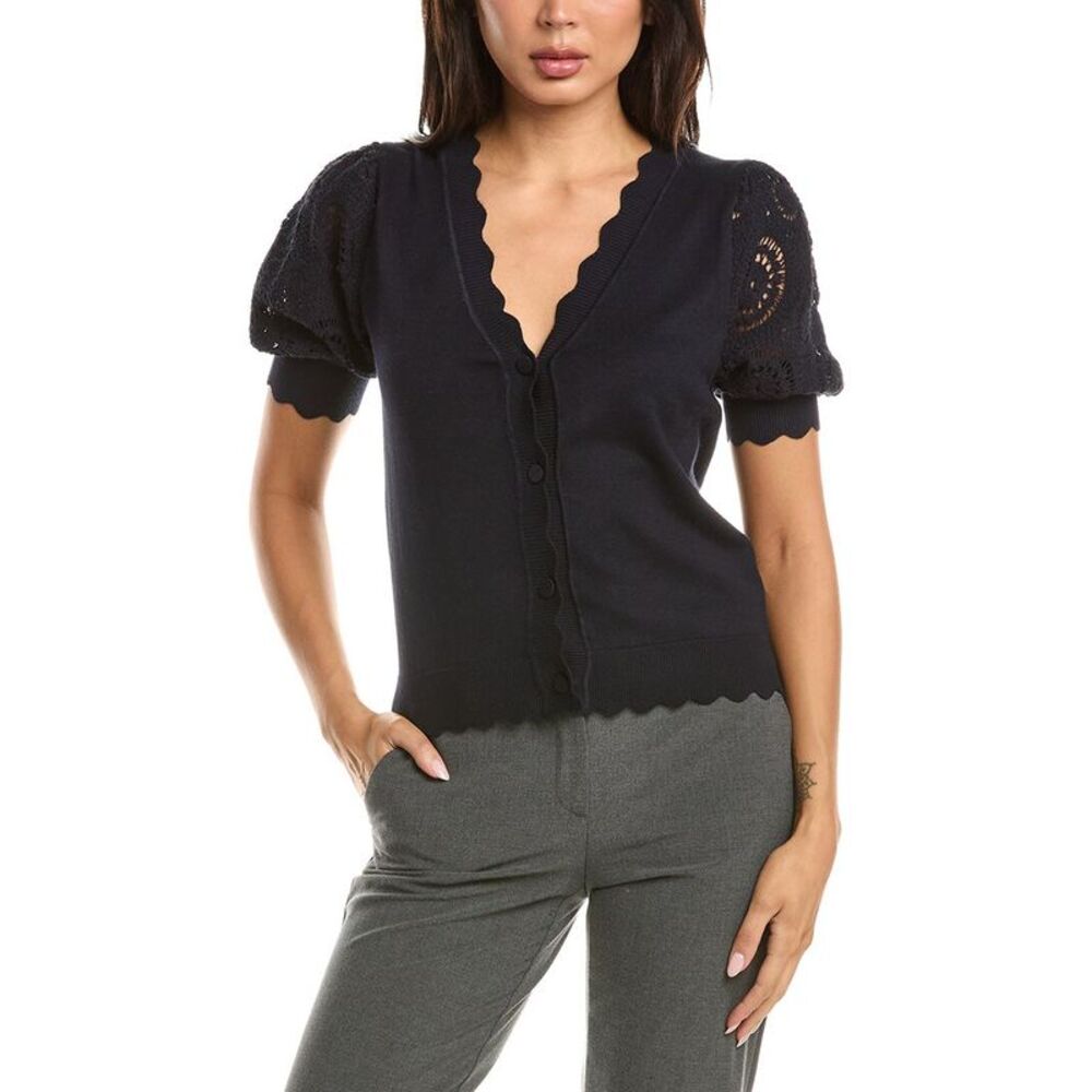 T Tahari Womens Elbow Crochet Scallop Edge Top, Navy
